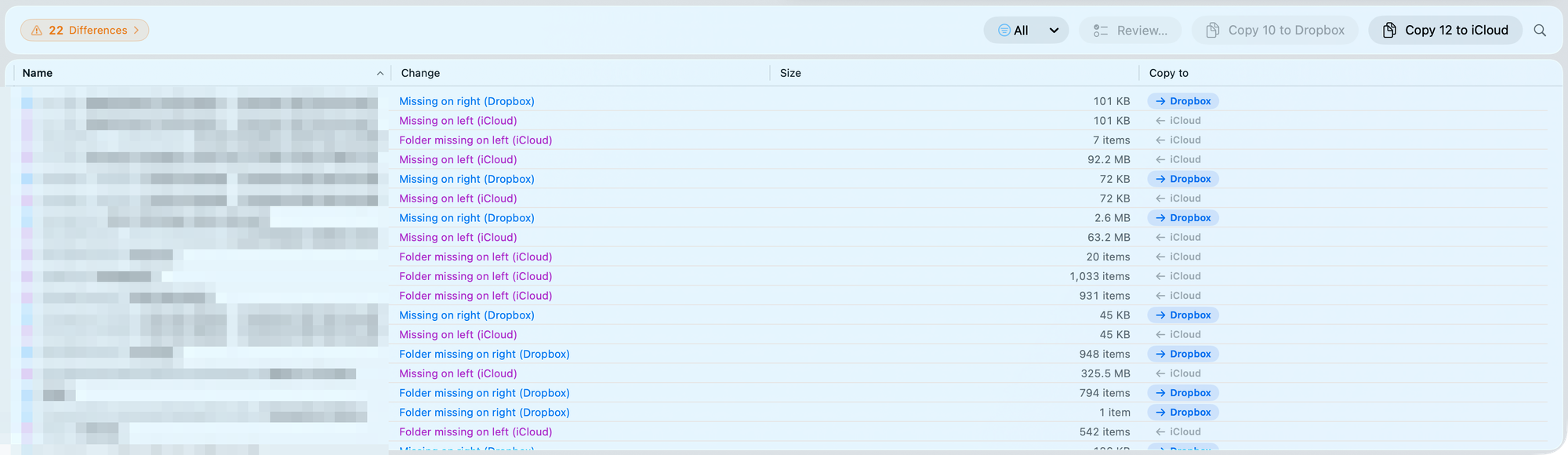 Differences list with direction-coded rows