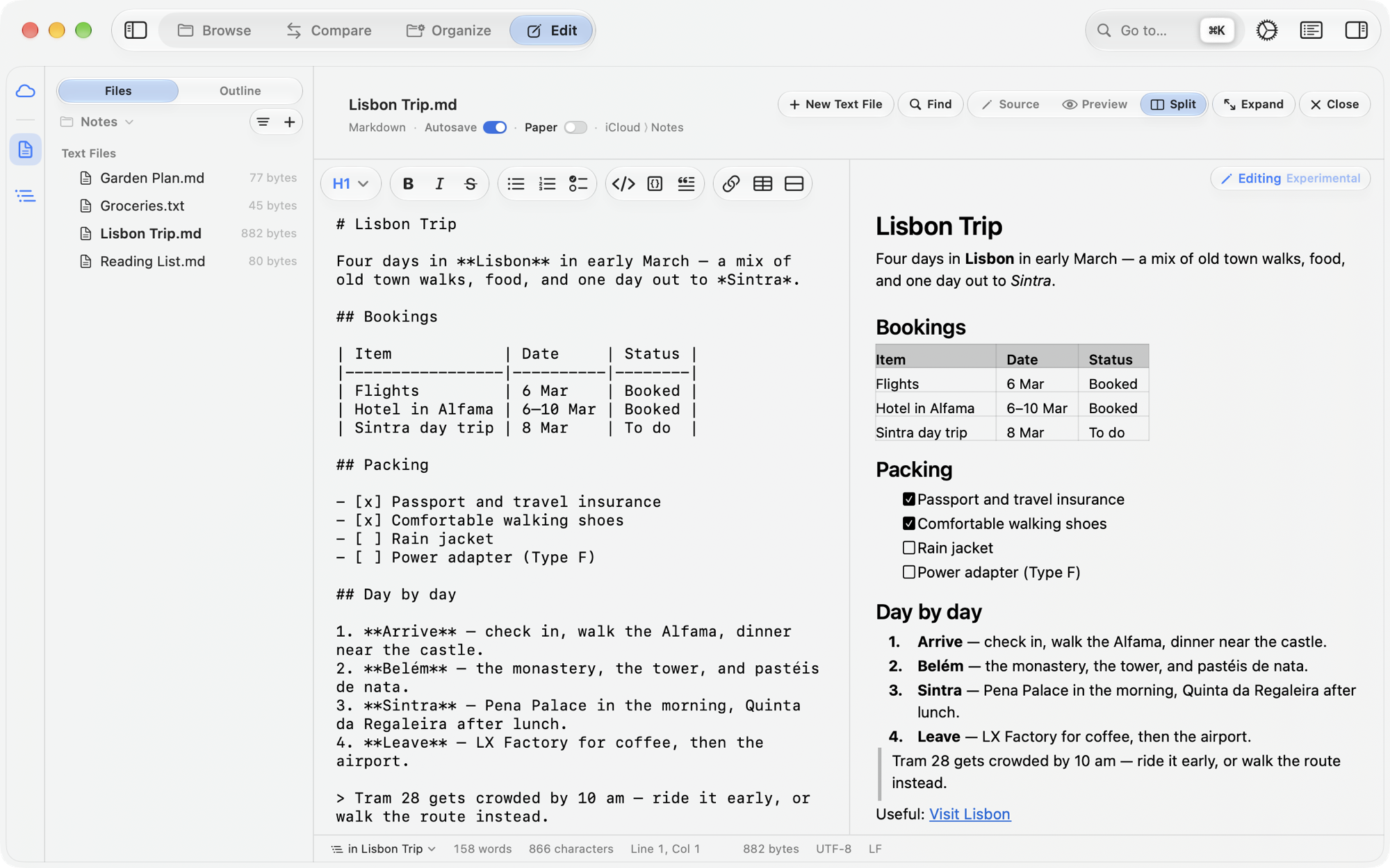A Markdown note in Split view, Source beside Preview