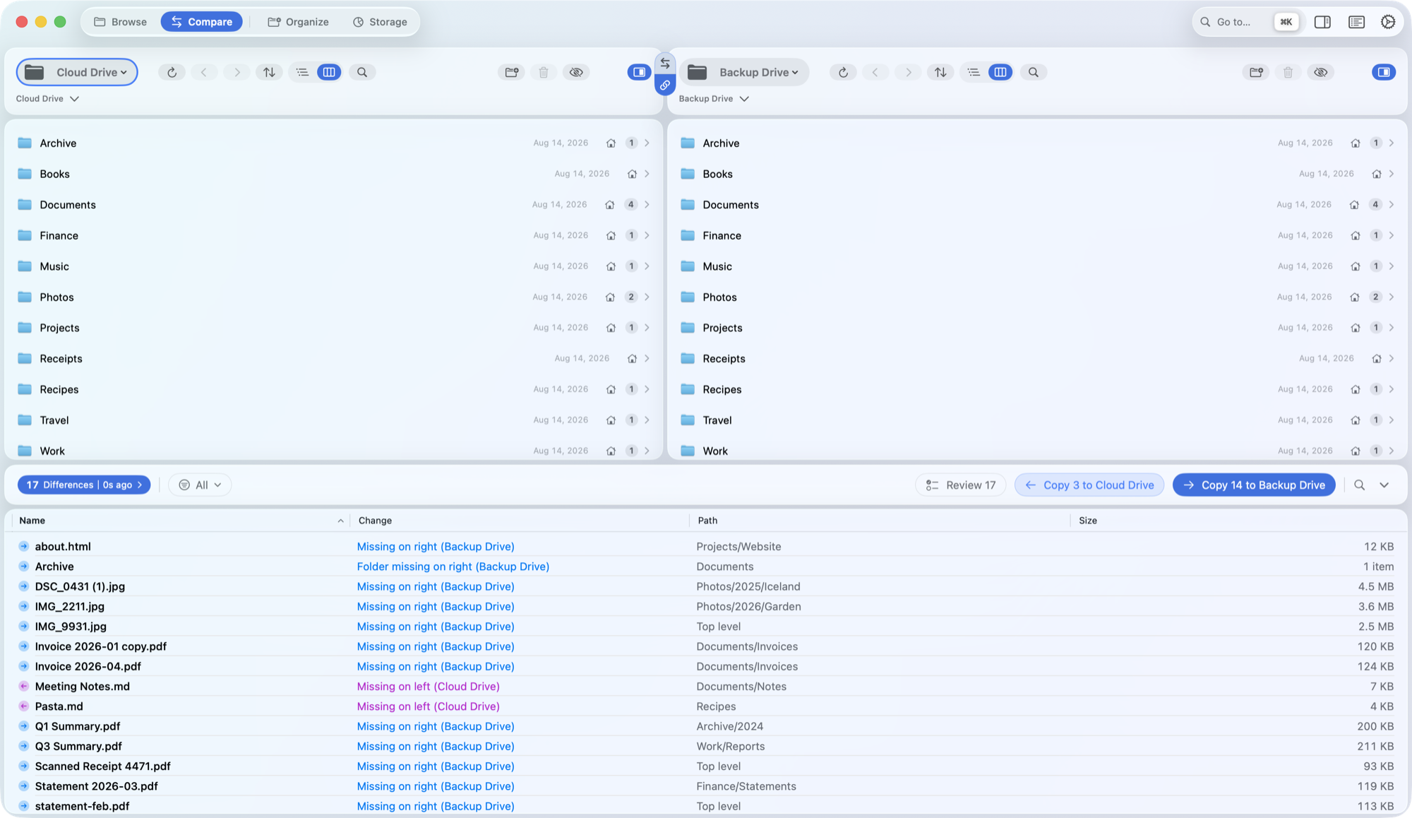 SyncCloud comparing two cloud folders side by side